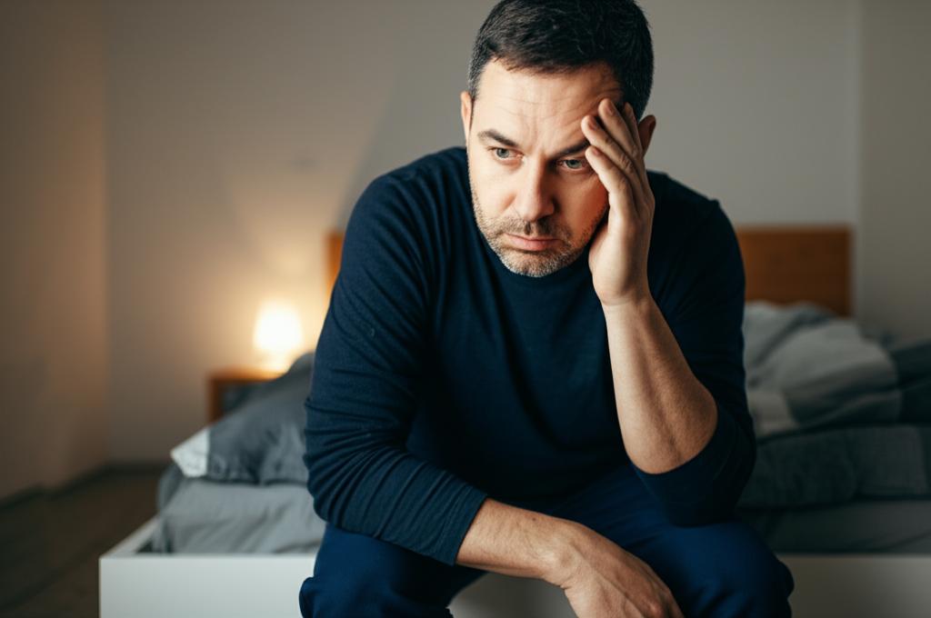 Middle-aged man looking tired and stressed while sitting on the edge of his bed, dark circles under his eyes, bedroom in the background.