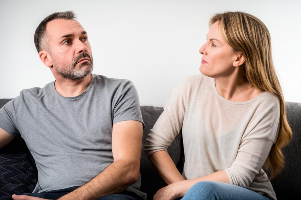 A middle-aged couple sitting on a couch, looking at each other with concern and frustration.
