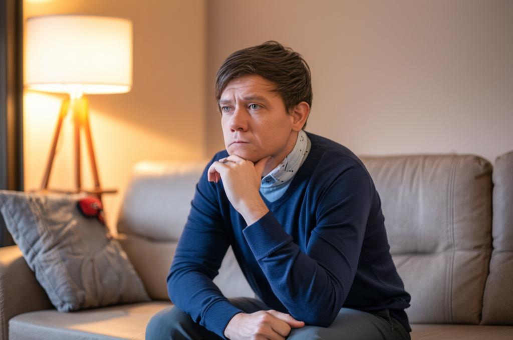 A man sitting alone on a couch, looking thoughtful and slightly worried, with a wedding ring visible on his hand. Soft, warm lighting.