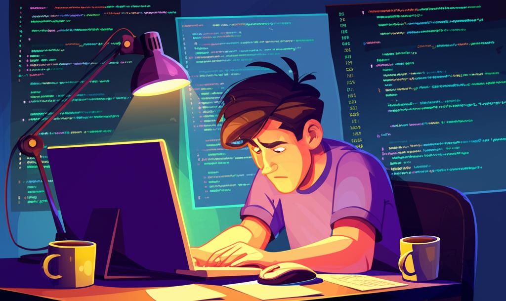 Illustration of a tired programmer working late at night, surrounded by code and empty coffee cups