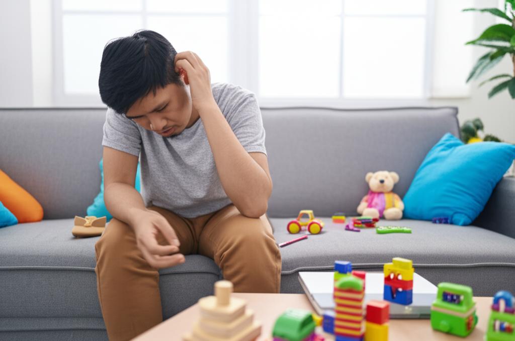 Exhausted Indonesian father sitting on a sofa, looking stressed, with toys scattered around, representing the pressure of work and family.