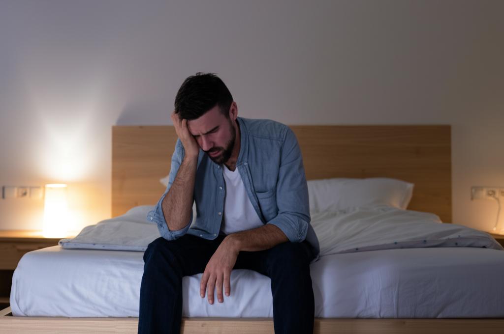 A man sitting alone on a bed looking stressed, head in hands, conveying feelings of frustration and inadequacy, soft bedroom lighting, realistic photo