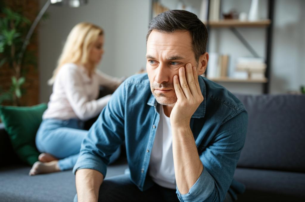 Prompt: A middle-aged man looking tired and stressed, sitting on a sofa, maybe a frustrated partner in the background, realistic style.