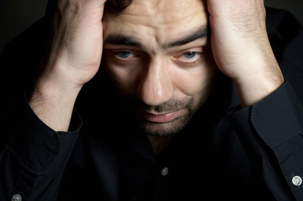 man looking stressed, head in hands, dark colors, realistic photo