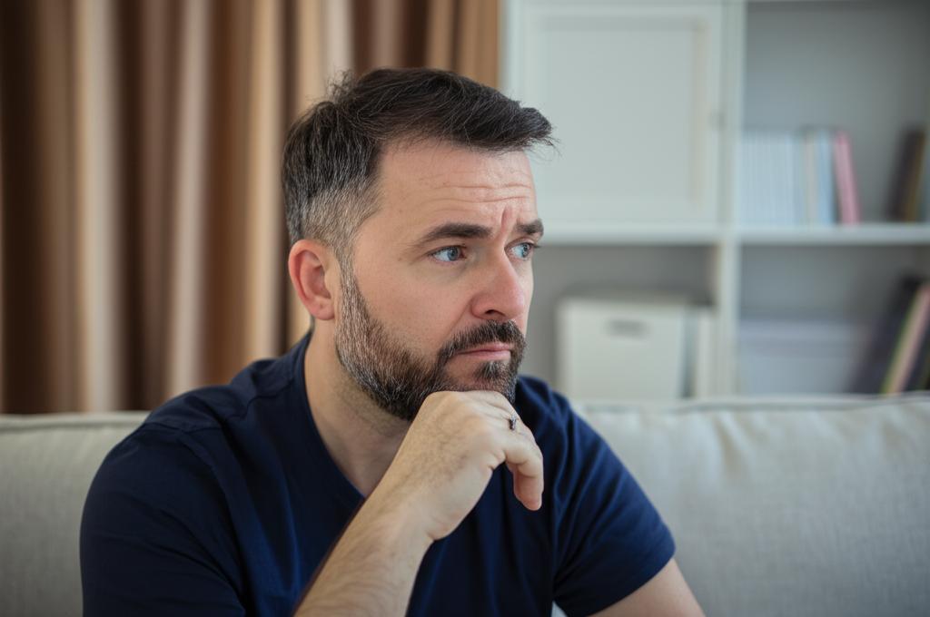 AI prompt: A man in his late 30s or early 40s looking thoughtful or slightly concerned while sitting on a sofa at home, perhaps with a wedding ring visible. The atmosphere should be relatable and slightly subdued, suggesting introspection about personal well-being.