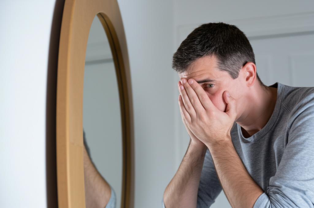 AI prompt: A tired man looking at himself in the mirror, reflecting on his lost youth and energy.