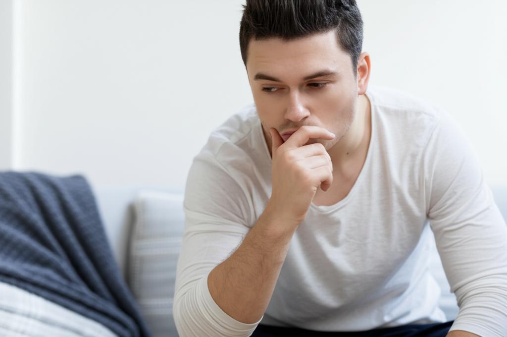 A man sitting alone, looking thoughtful and concerned about his performance or relationship issues.