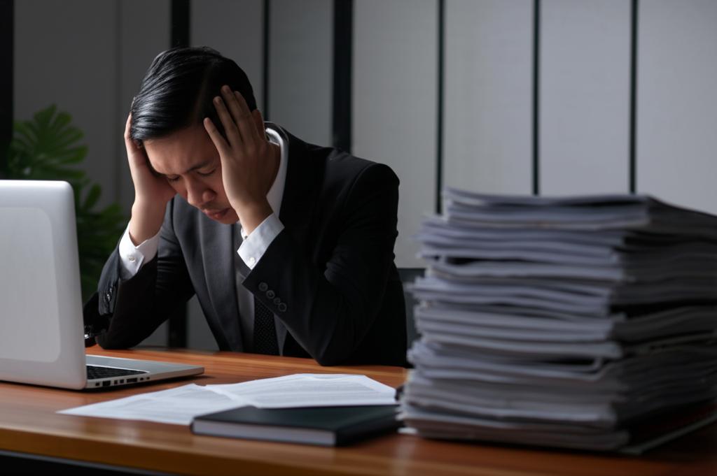 AI prompt: A tired Indonesian man in office attire looking exhausted at his desk, head in hands, surrounded by paperwork. The lighting is dim, suggesting late hours or low energy. Realistic photo style.