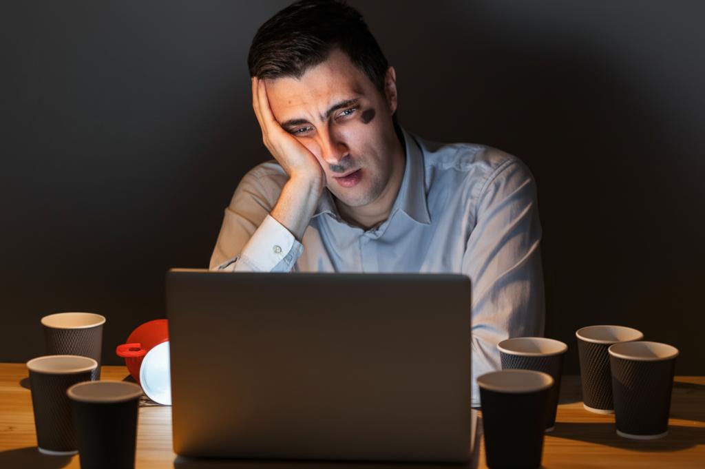 AI prompt: A tired software engineer with dark circles under their eyes, slumped over a laptop in a dimly lit room, surrounded by empty coffee cups, late at night or early morning.