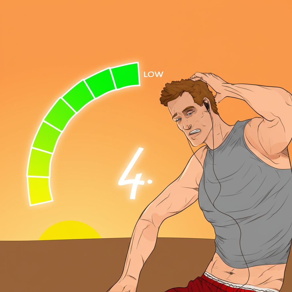 Illustration of a man looking tired after a workout, energy meter low, sunset background