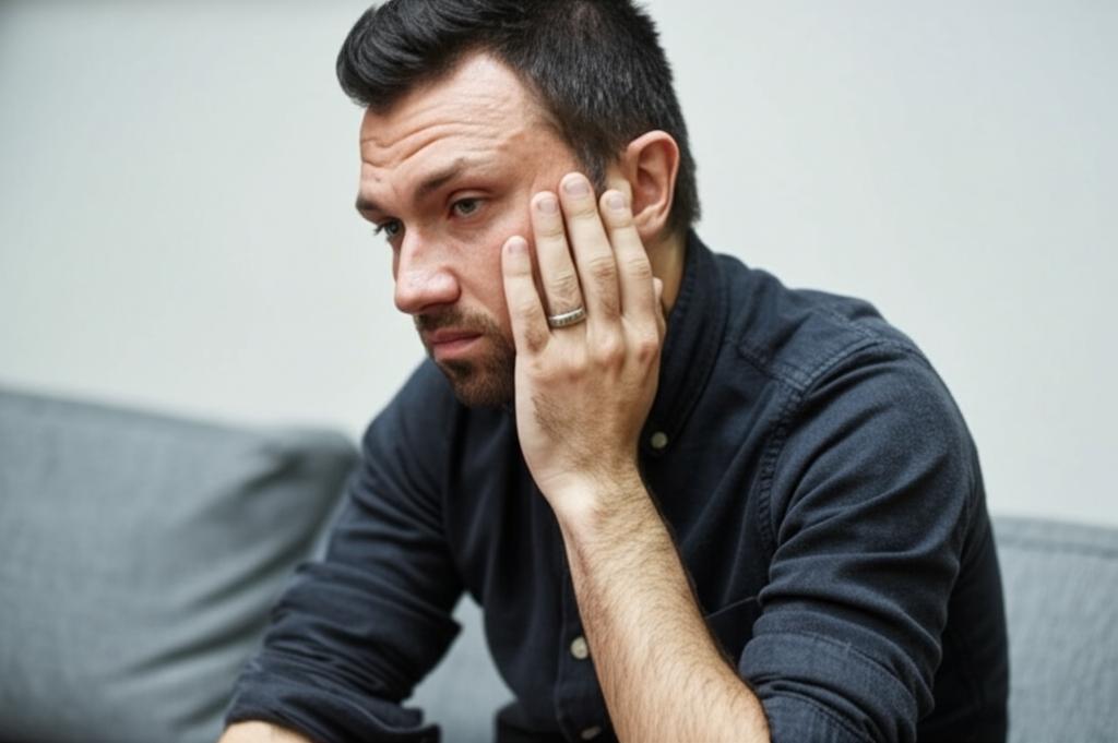 Prompt: A man sitting thoughtfully on the edge of a bed, looking slightly concerned, with a soft focus on the room and a feeling of introspection.