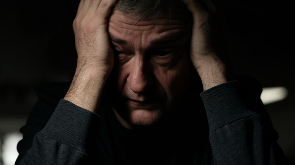 AI prompt: Middle-aged man looking worried and stressed, sitting alone, feeling anxious, dark colors, realistic photo