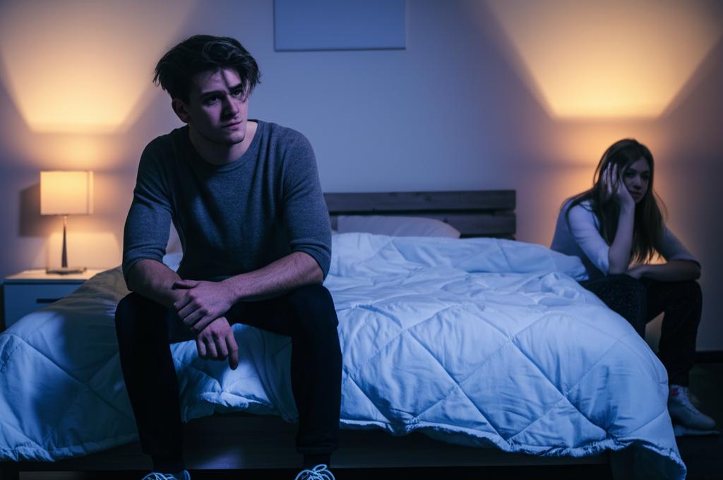 a couple sitting on the edge of the bed, looking sad and distant, with dim lighting in the room, depicting a lack of intimacy