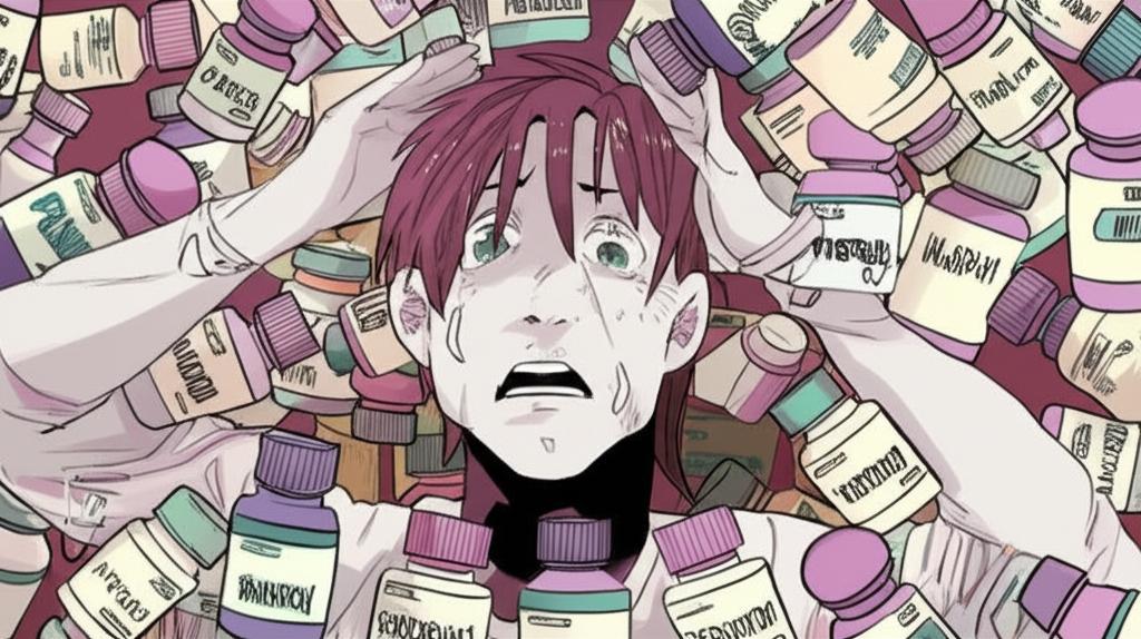Overwhelmed person surrounded by supplement bottles, confused expression, digital art