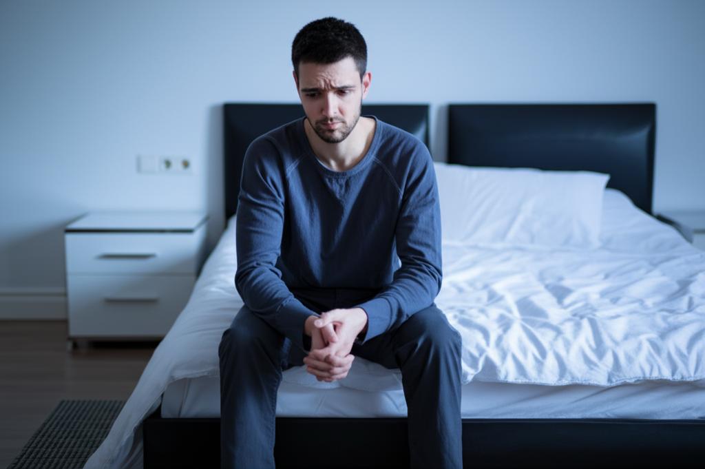 A worried man sitting on the edge of the bed, looking downcast. Soft, muted colors to convey sadness and concern.