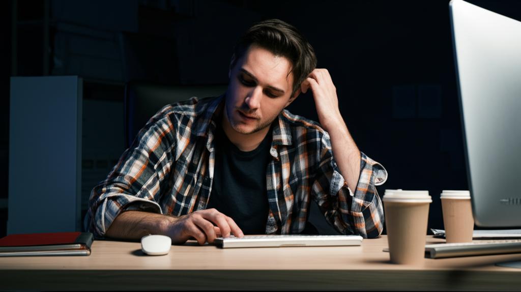 exhausted programmer sitting at his desk late at night, looking stressed and overwhelmed, low light