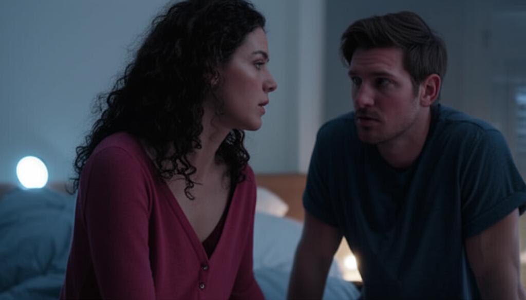 AI prompt: A couple looking at each other with a mix of love and frustration, in a dimly lit bedroom.