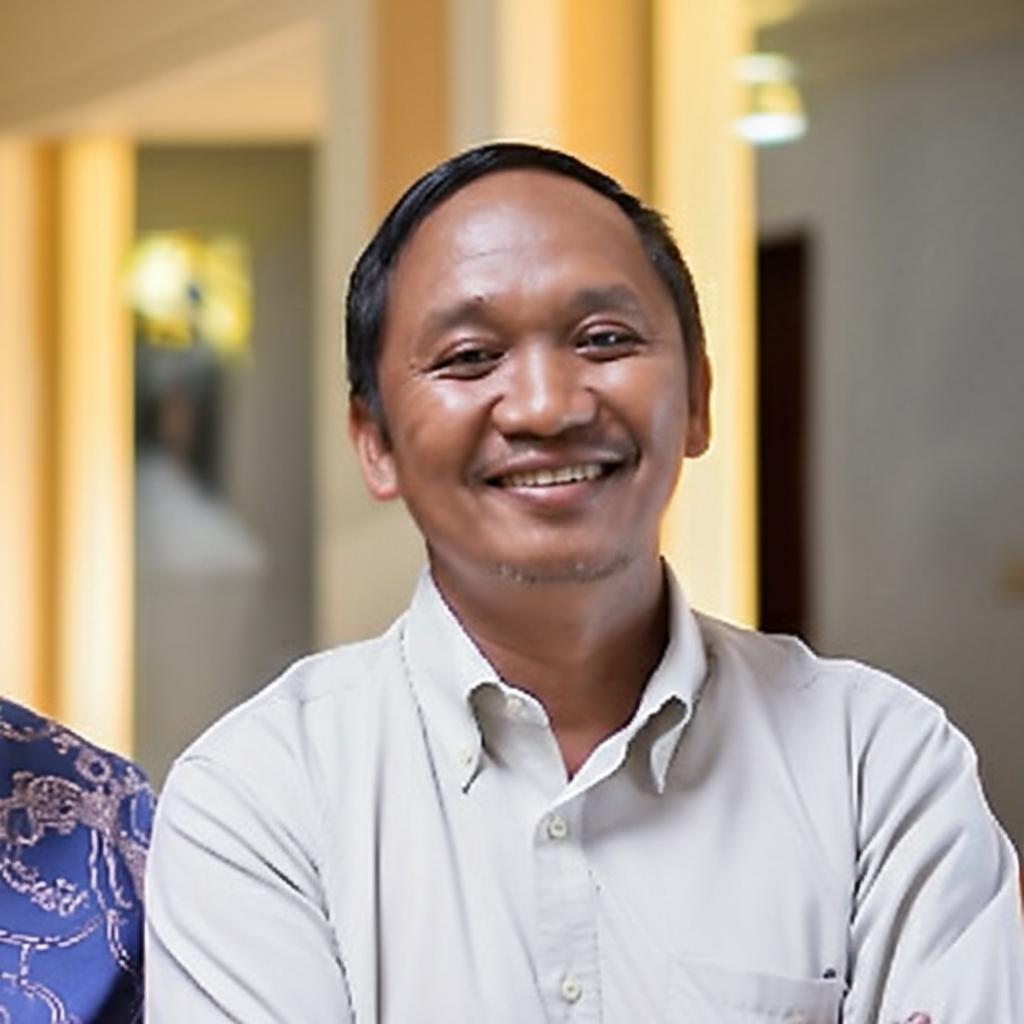 A smiling Indonesian man in his 40s, looking energetic and happy, perhaps standing next to his wife (face not fully visible) in a warm, domestic setting.