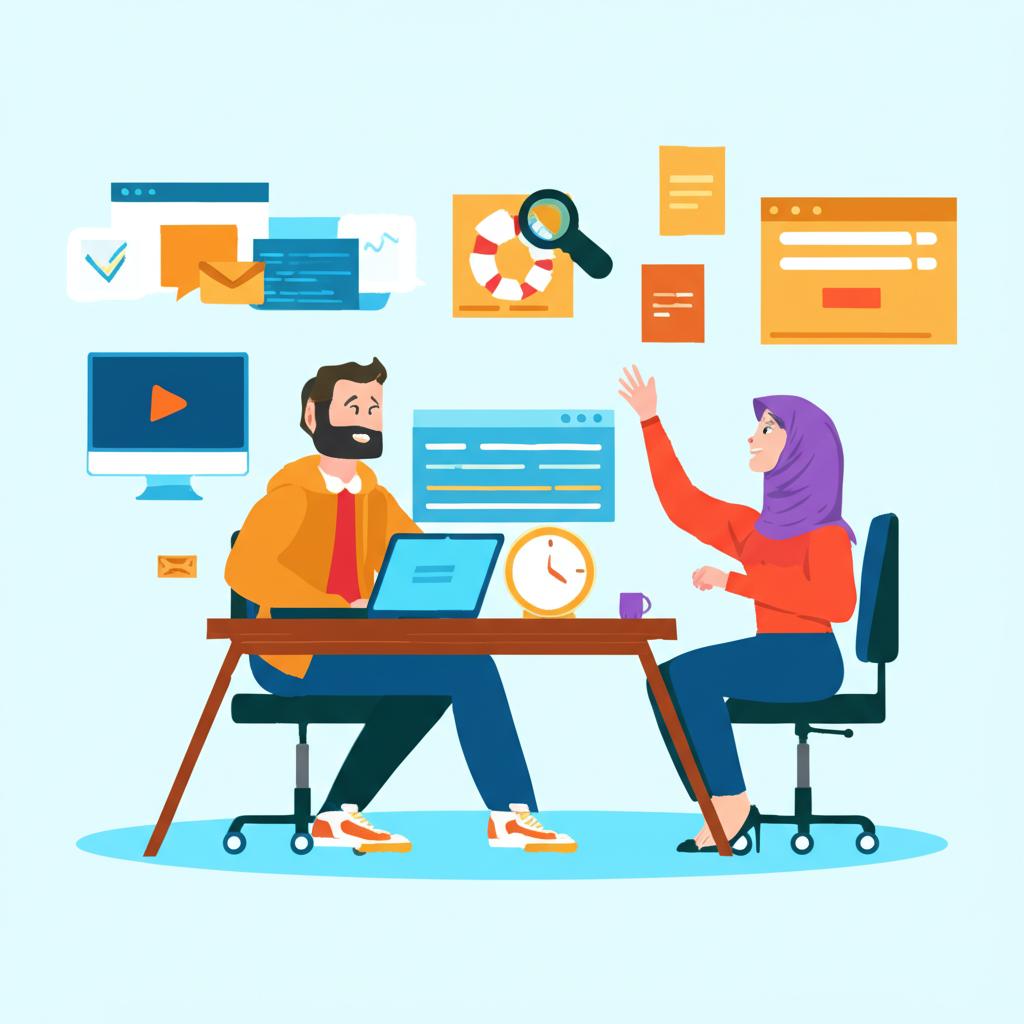 Illustration showing a programmer looking energetic and happy, spending quality time with his partner