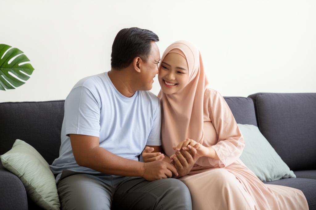 Relieved Indonesian father smiling, holding hands with his wife on a sofa, looking happy and connected.