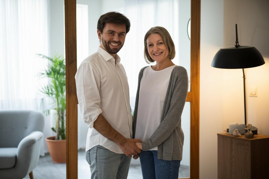 A couple holding hands and smiling in a warm, comfortable home environment, showing renewed connection and happiness, realistic photo
