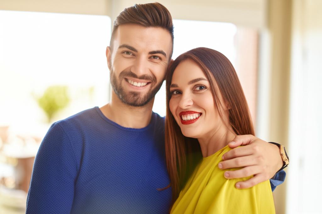 man smiling confidently, arm around happy partner, bright and warm colors, realistic photo
