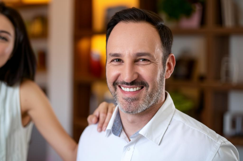 AI prompt: A man smiling confidently and looking relaxed, perhaps with his arm around his wife (face not clearly visible or blurred) in a warm, domestic setting, suggesting improved relationship and well-being. The image should convey happiness and renewed energy.