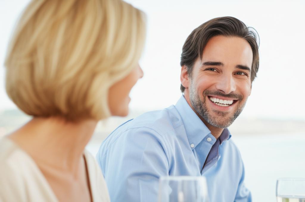 AI prompt: A happy and energetic man smiling with his wife, enjoying a romantic dinner.