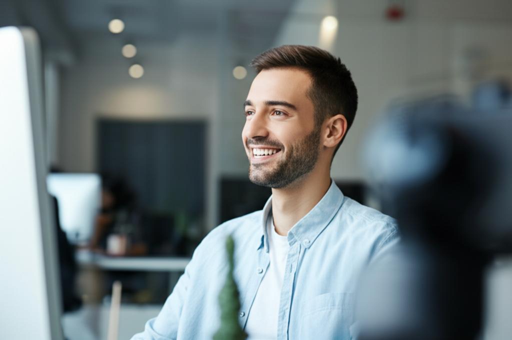 Prompt for AI: A smiling, energetic young man in a modern office setting, looking focused and productive at his computer. Bright, positive atmosphere.
