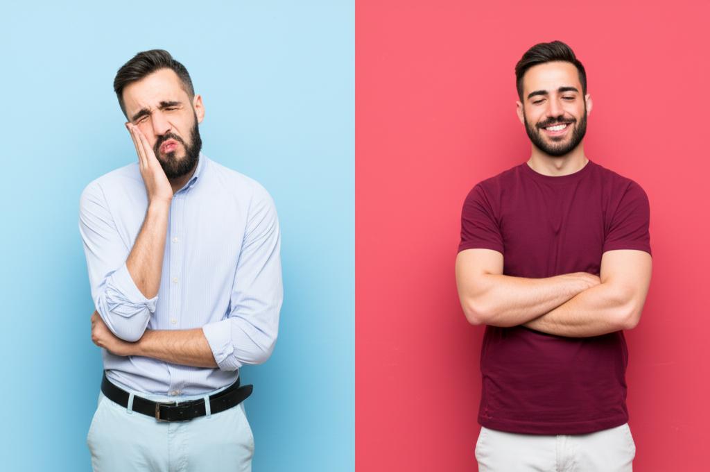 Split image showing a man looking tired and slouched on one side, and the same man looking energetic and smiling on the other side