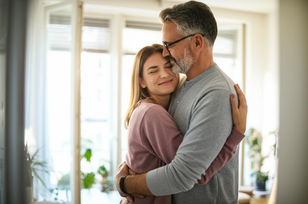 Prompt: A happy couple embracing warmly in a home setting, bathed in soft, warm light, conveying intimacy and connection.