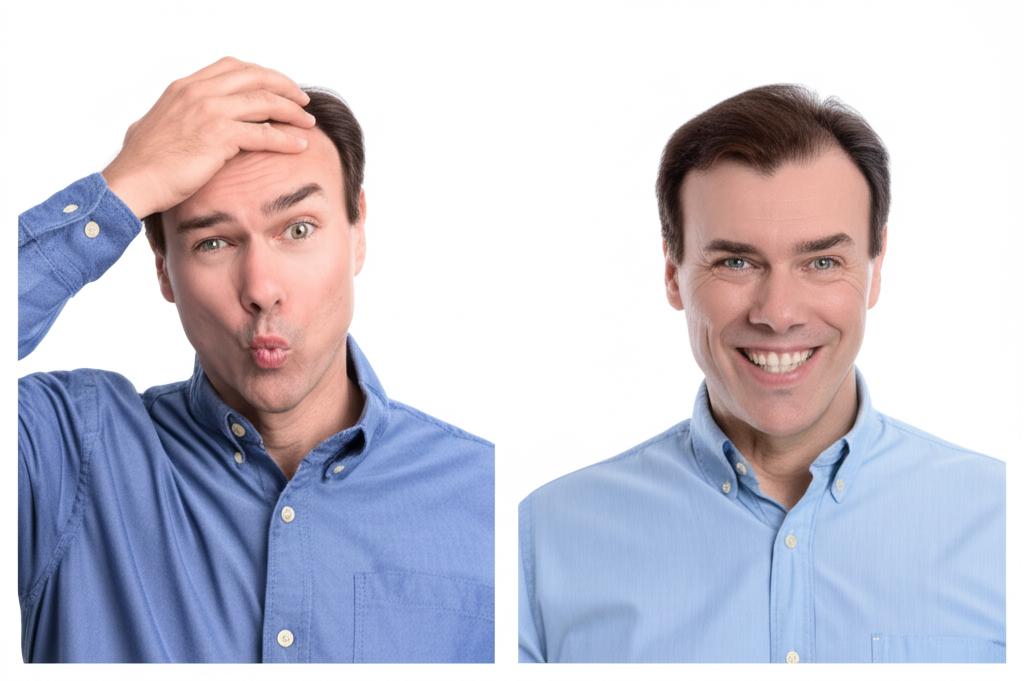 Split image: left side shows a middle-aged man looking stressed and tired; right side shows the same man looking confident and happy, subtle suggestion of renewed vitality, realistic photo style