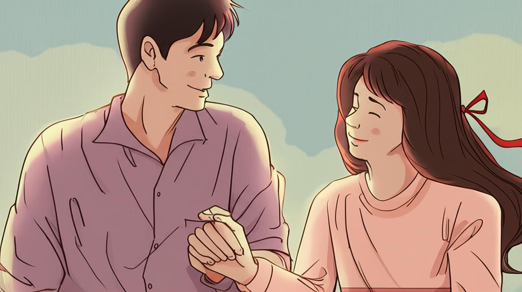 A happy couple, Rizal and Anya, smiling and holding hands. Warm, vibrant colors to convey happiness and intimacy.