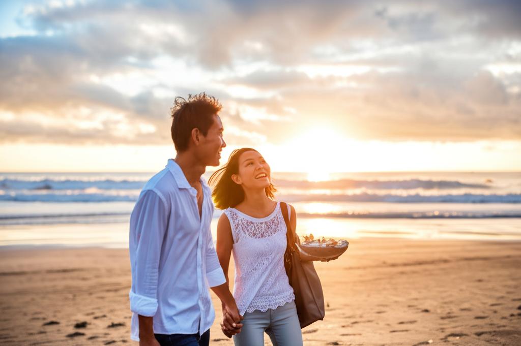 Budi and Ani smiling and holding hands, walking on a beach in Bali, sunset, happy couple