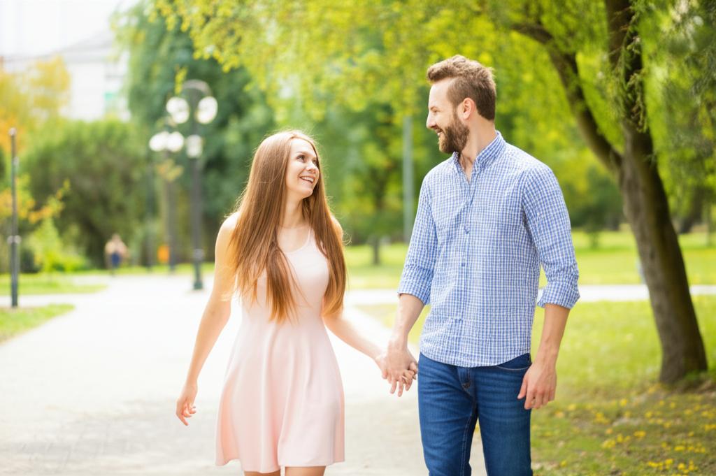 A happy couple holding hands and smiling at each other in a park.