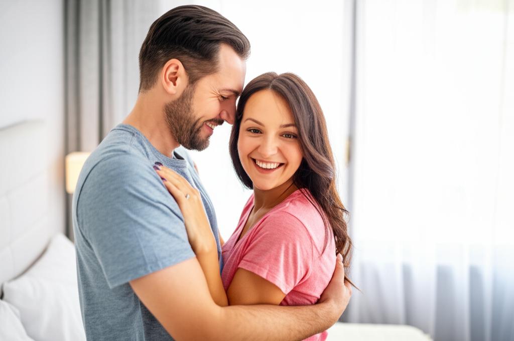 AI prompt: A happy couple embracing in a warmly lit bedroom, symbolizing renewed intimacy and connection.