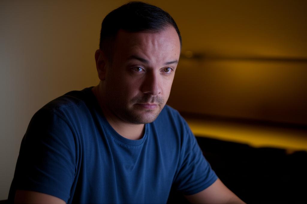 ai prompt: A man looking thoughtful or slightly worried, sitting alone, contemplating his health and relationship, low light, introspective mood.