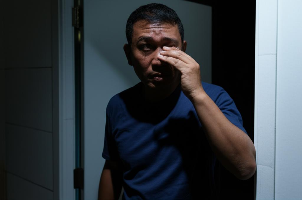 AI prompt: A middle-aged Indonesian man looking tired and frustrated, standing near a bathroom door at night, rubbing his eyes. Soft, dim lighting.
