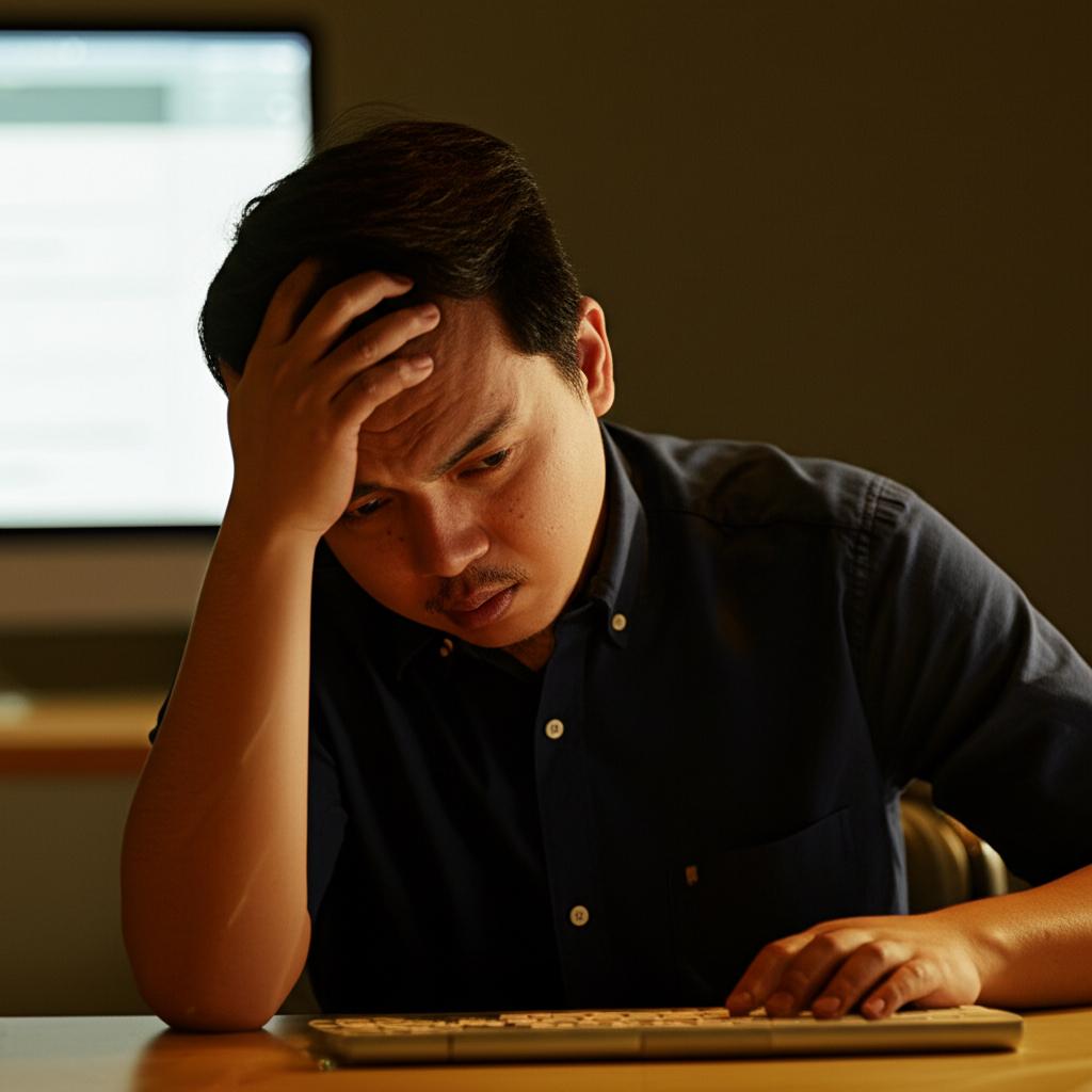 AI prompt: Photo of a tired Indonesian man sitting at his office desk late at night, looking frustrated and holding his head, with blurry computer screen in the background. Atmospheric lighting.