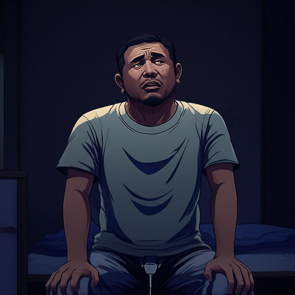 AI prompt: Tired Indonesian man waking up at night to urinate, looking frustrated and sleepy, dark room, digital art