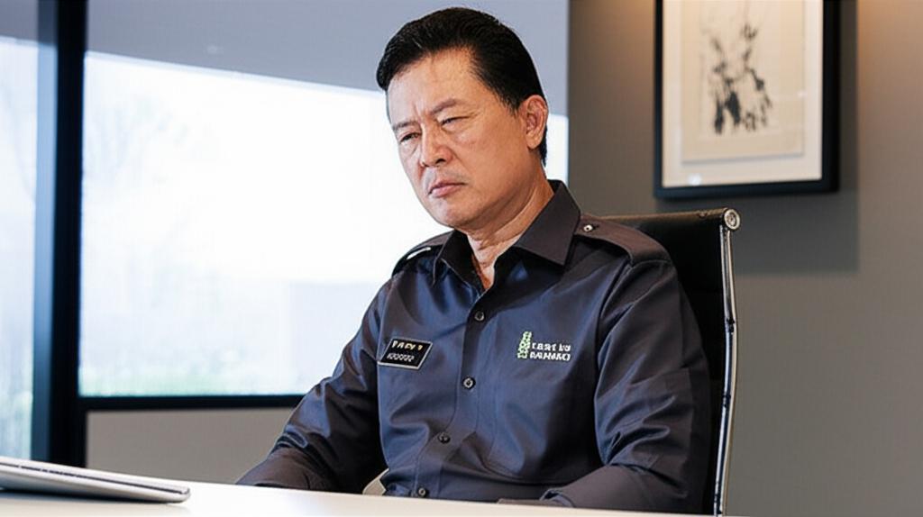 AI prompt: A man in his late 40s or early 50s sitting at a desk, looking slightly pensive or uncomfortable, with a subtle focus on the lower abdomen area. The setting is a modern office in Indonesia.