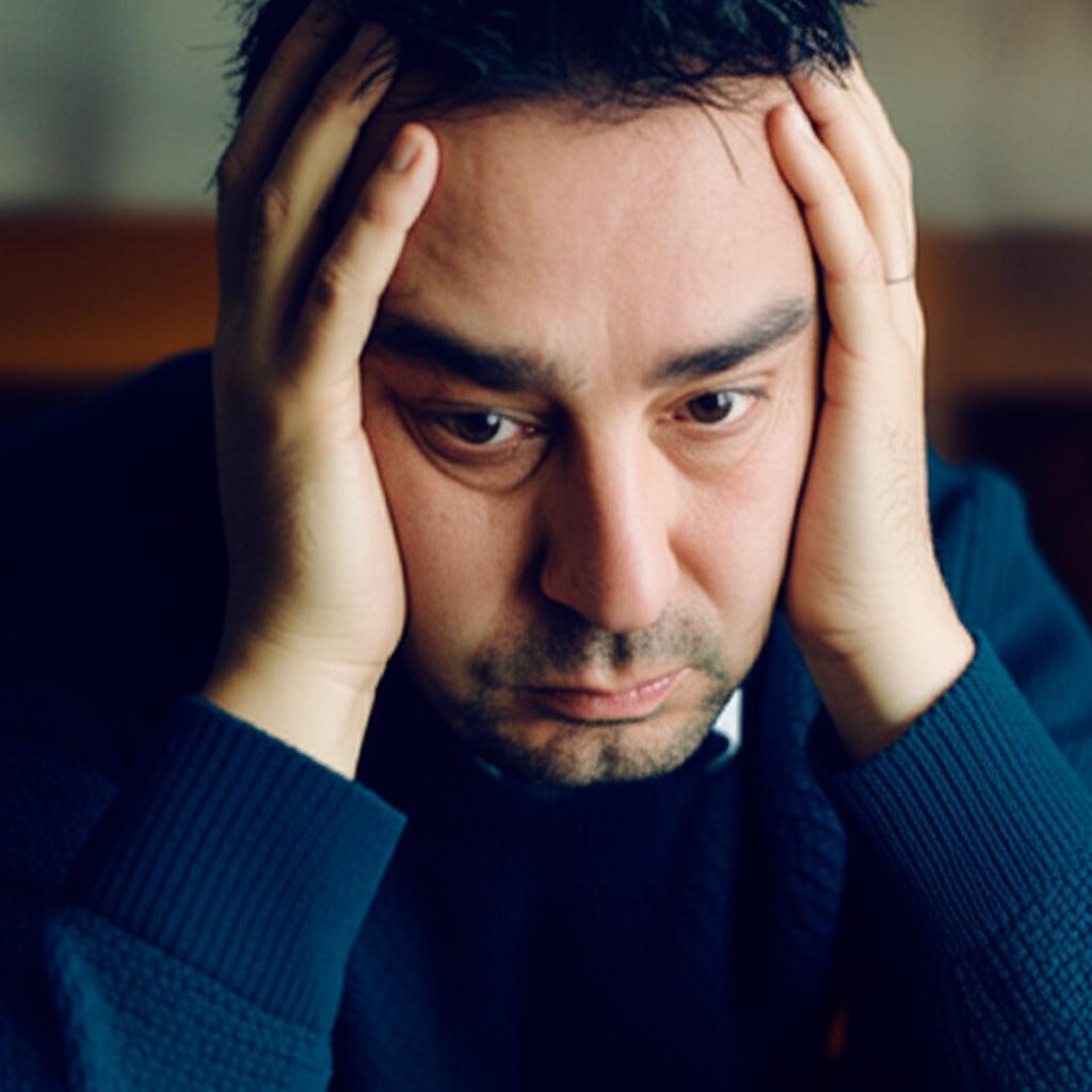 A man looking tired and stressed, sitting alone, feeling overwhelmed. AI prompt: realistic photo of a tired man in his 30s-40s, sitting with head in hands, looking stressed and depleted, muted colors, soft lighting, conveying fatigue and worry