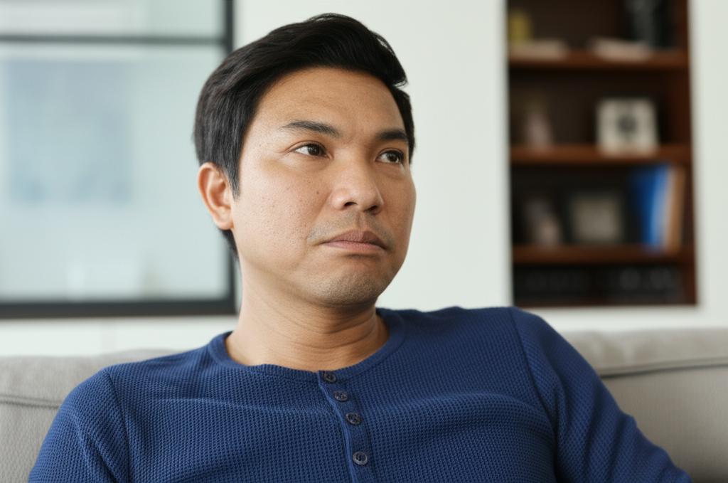 ai prompt: middle-aged asian man looking thoughtful, sitting on a couch, slightly worried expression, home environment, soft lighting