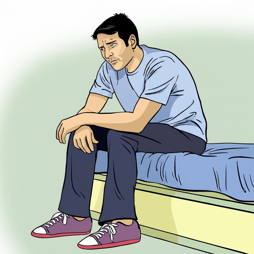 Illustration of a tired man sitting on the edge of a bed in the morning, looking exhausted, low energy, subtle bedroom background, realistic style