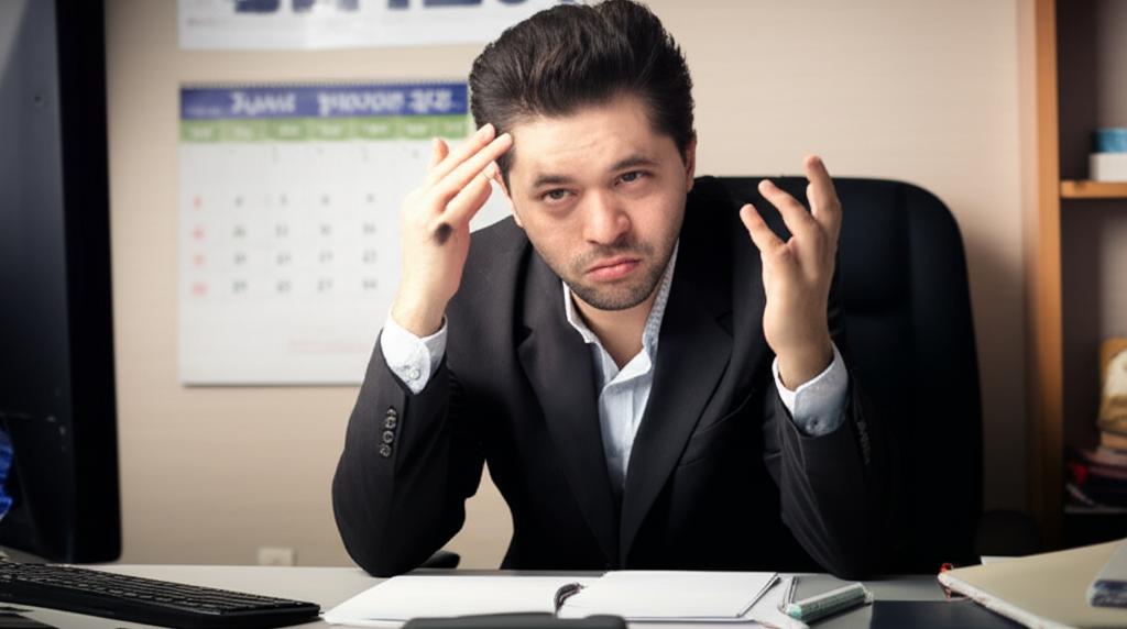 AI prompt: A man looking tired and stressed while sitting at his office desk the day after intimacy, with blurred background showing a calendar.