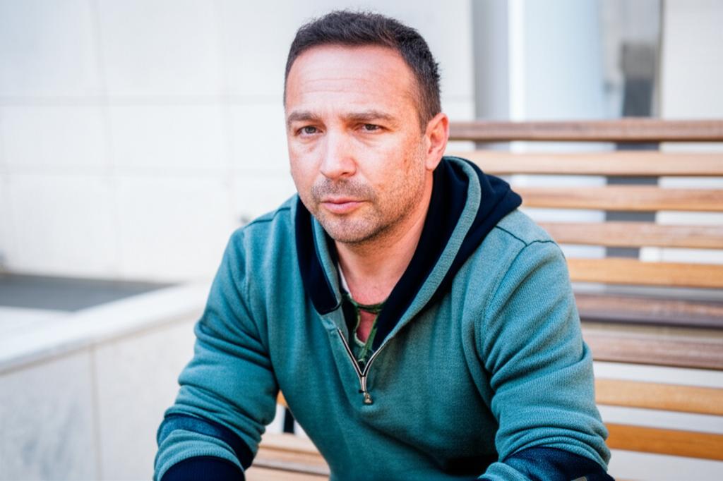 A man looking thoughtful or slightly worried, perhaps sitting alone, symbolizing introspection about declining energy or vitality.
