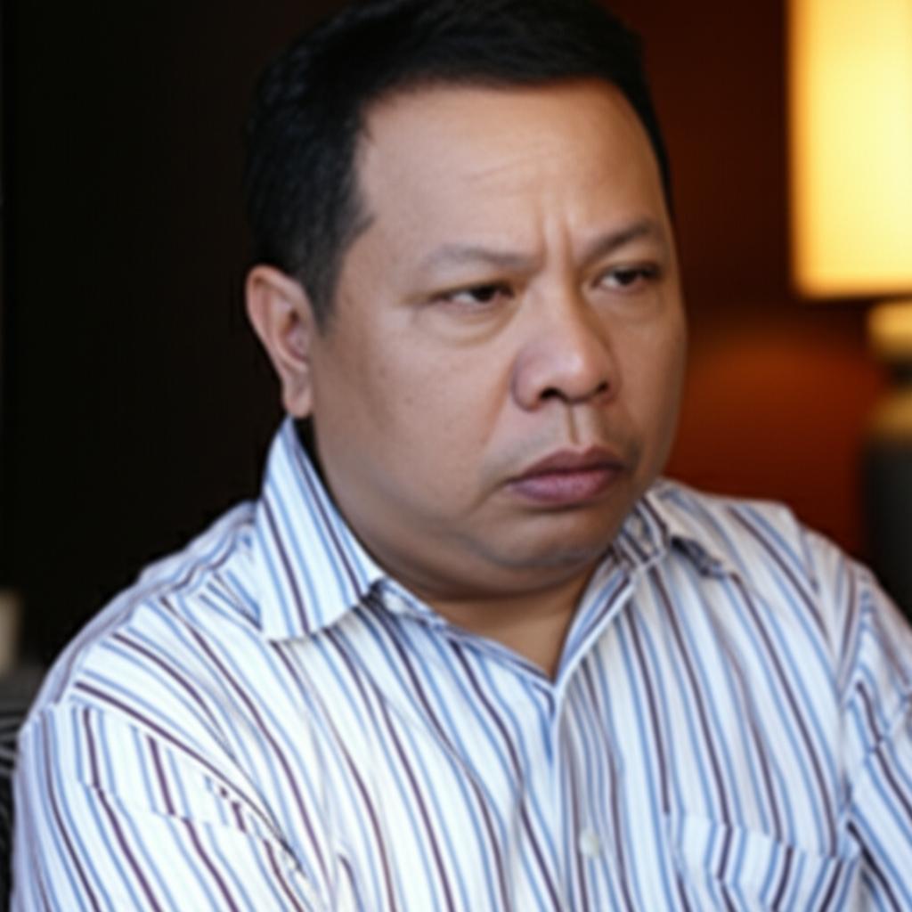 A middle-aged Indonesian man looking thoughtful and slightly concerned, sitting alone, soft lighting