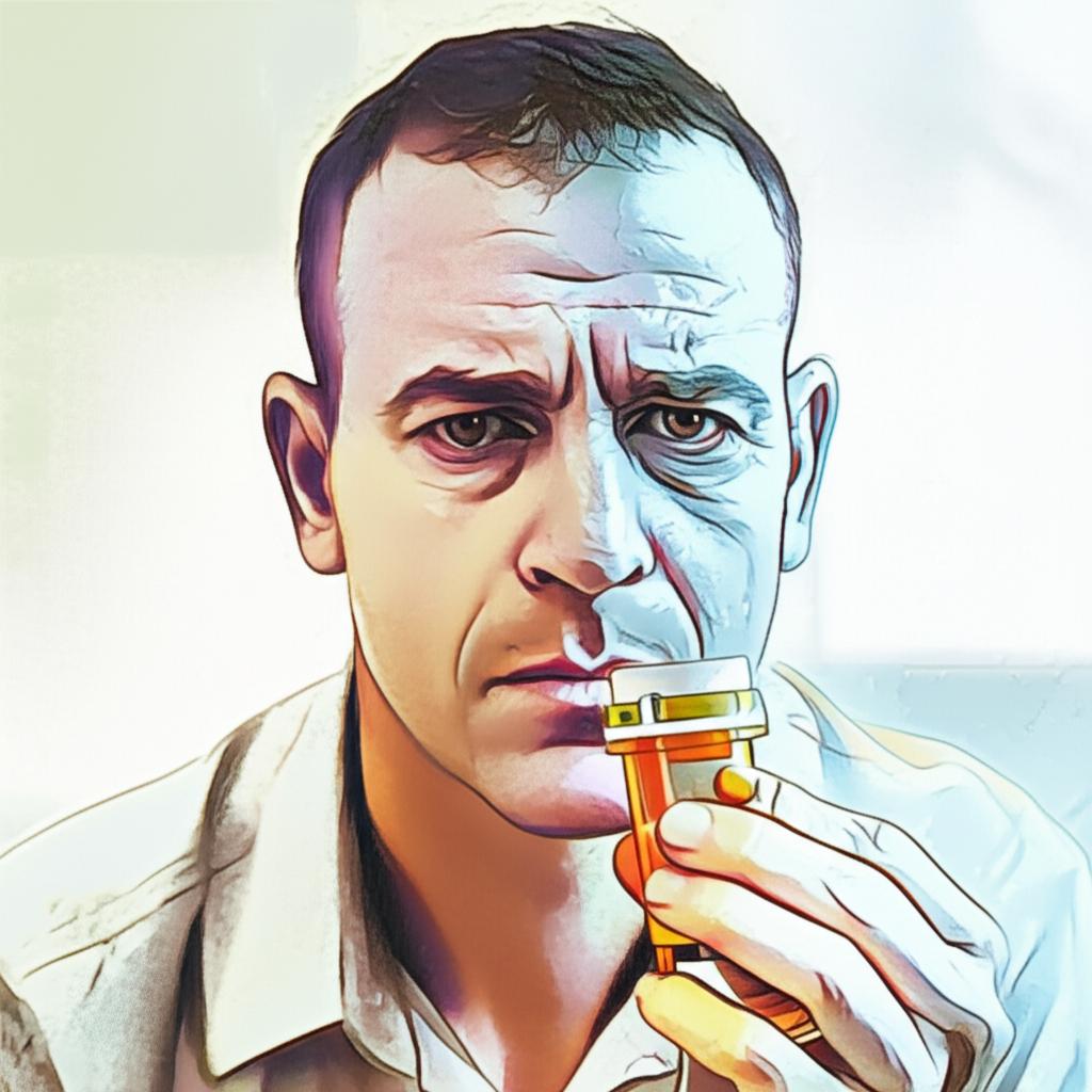 Digital art of a man looking stressed and holding a pill bottle, with faded colors suggesting lack of vitality.