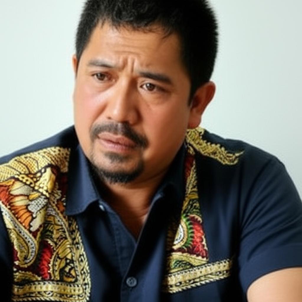 Middle-aged Indonesian man looking thoughtful and slightly frustrated, sitting alone