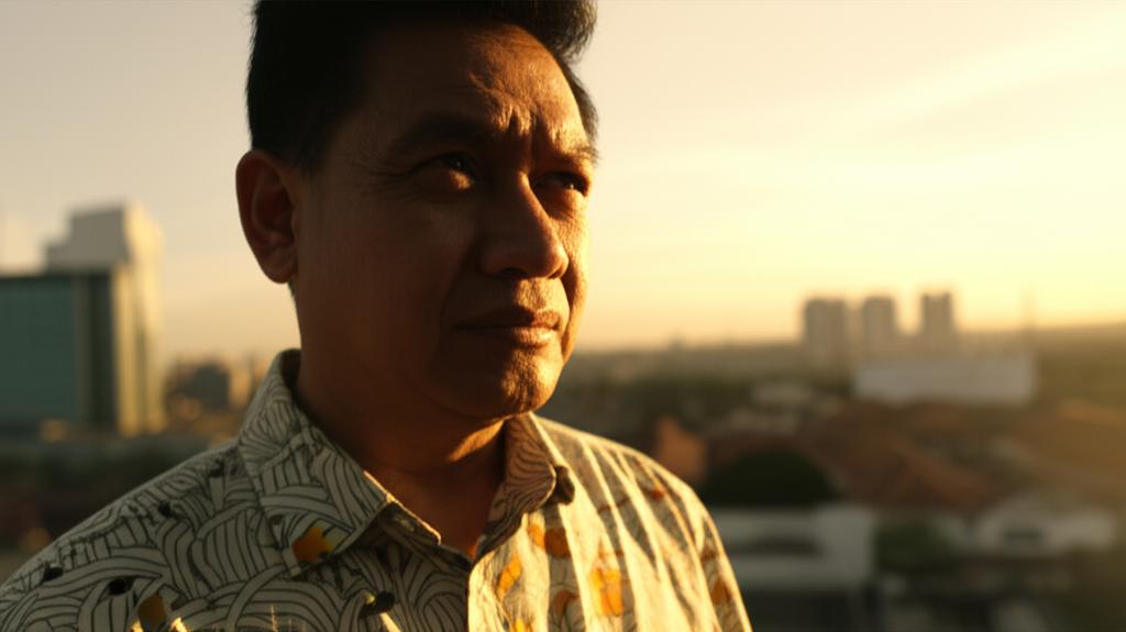 AI prompt: A thoughtful Indonesian man looking out over a city skyline at sunset, contemplating his health and energy levels, slightly concerned expression, warm lighting, realistic photo